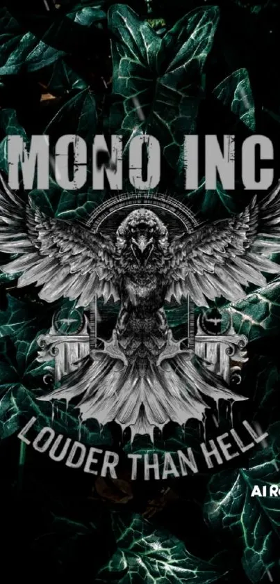 Mono Inc eagle design with dark leafy background wallpaper.