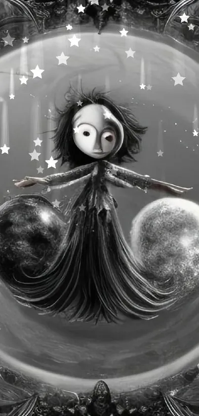 Whimsical monochrome fantasy art with grey tones.