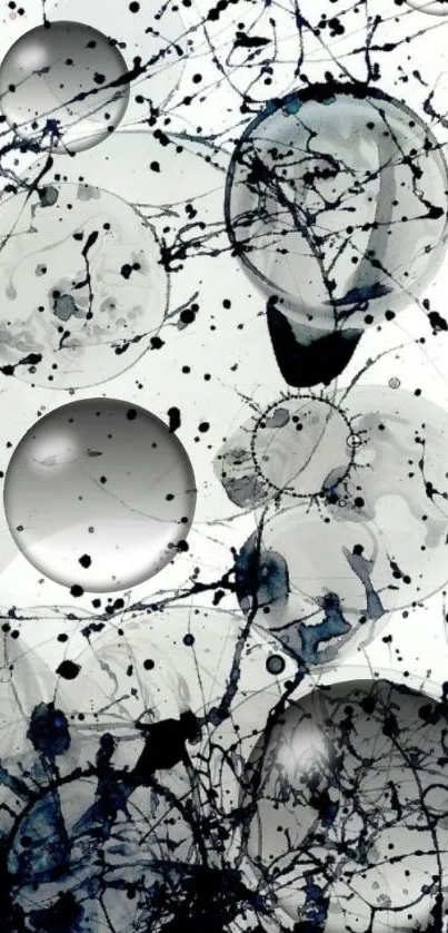 Monochrome abstract art with bold splatters and circular patterns.