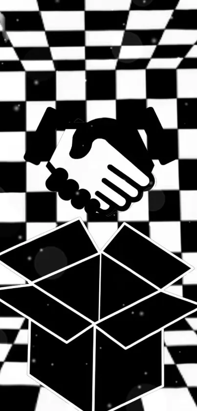 Monochrome abstract wallpaper with handshake and checkered background.