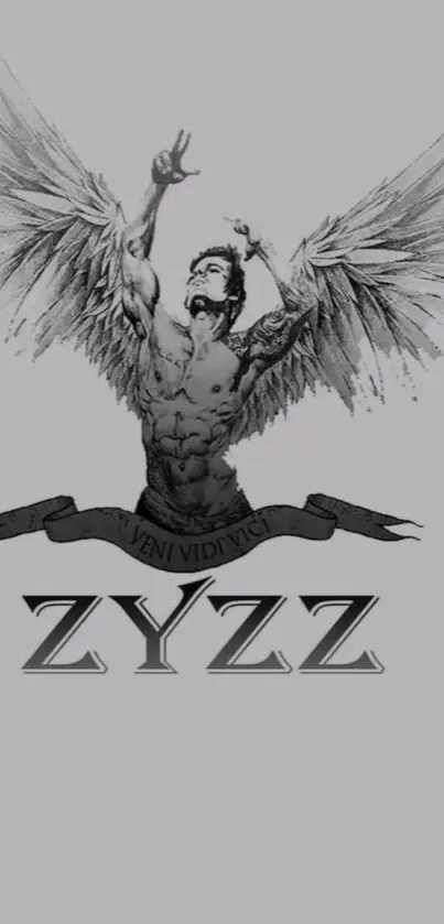 Monochrome wallpaper featuring an angelic figure with wings and 'Zyzz' text.