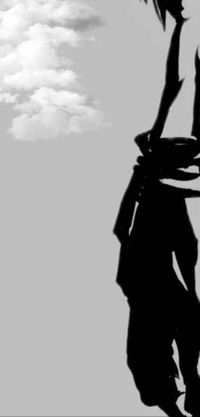 Monochrome anime silhouette with clouds in a minimalist style.