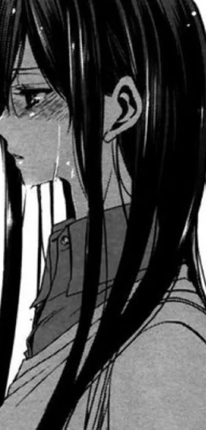 Monochrome anime character with long hair and detailed expression.