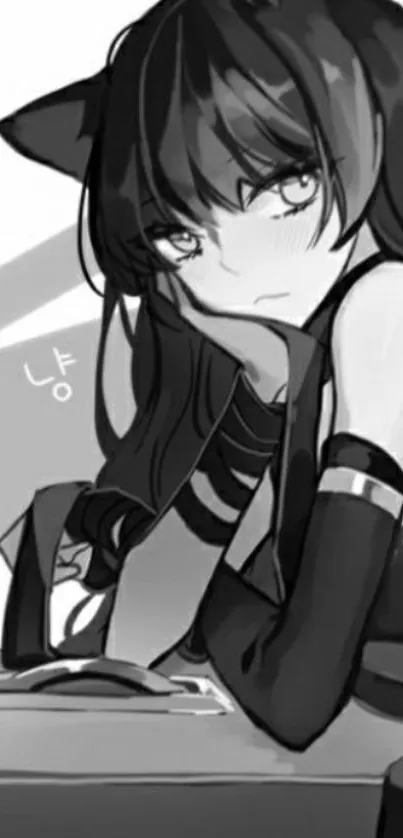 Monochrome anime character with cat ears, resting chin on hand.