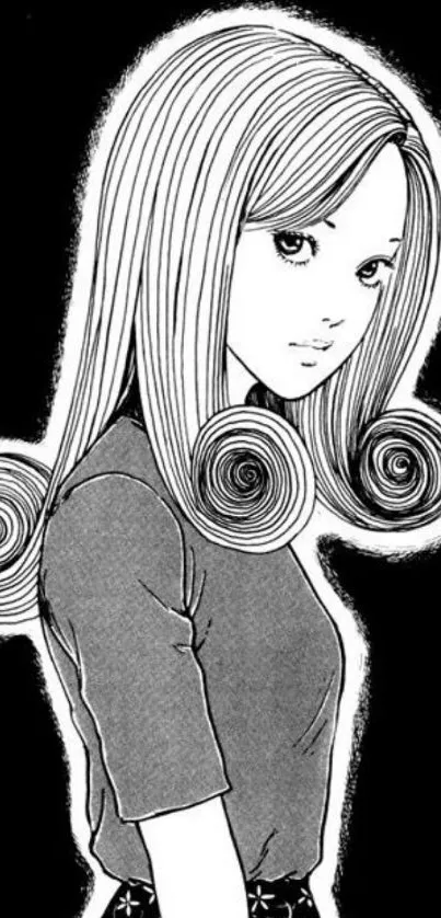 Monochrome anime character with spiral hair on a black background.