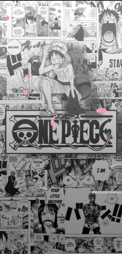 Monochrome anime One Piece collage wallpaper with manga scenes and characters.