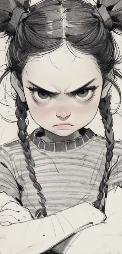 Black and white anime girl with braids expressing emotion.