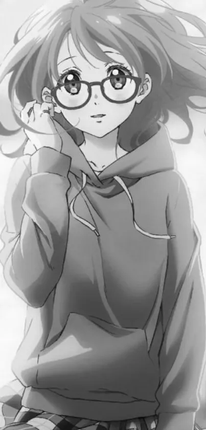 Monochrome anime girl with glasses and flowing hair in a minimalist style.