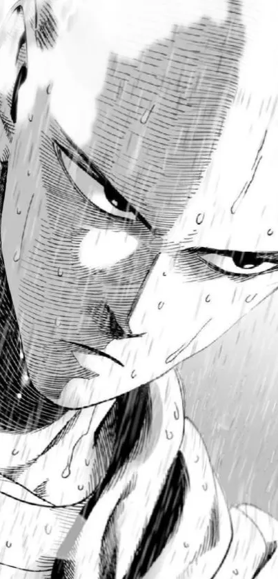 Grayscale anime character with intense look and rain.