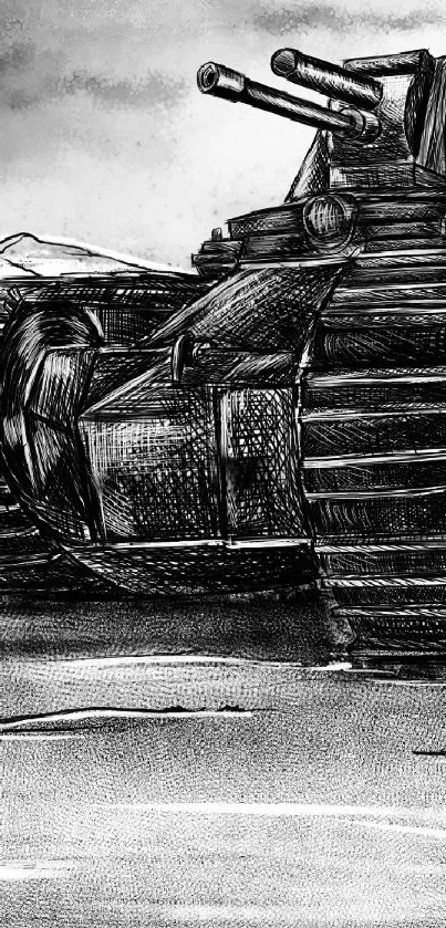 Monochrome anime landscape with tank and character.