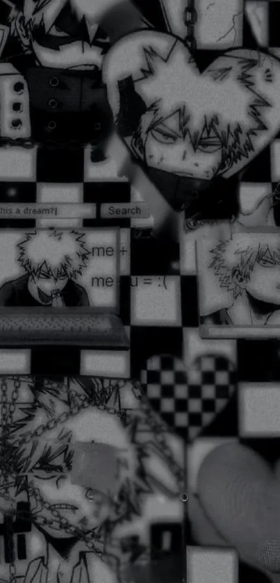 Monochrome anime wallpaper with expressive characters and checkered patterns.