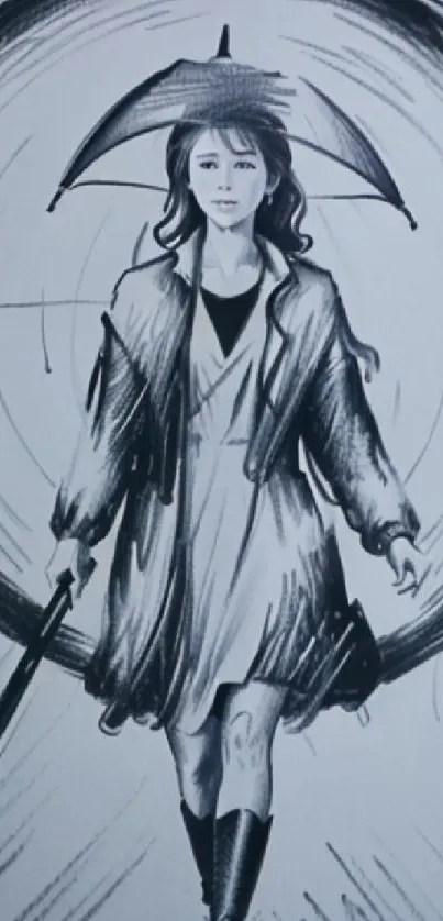 Monochrome sketch of a woman with an umbrella, artistic design.