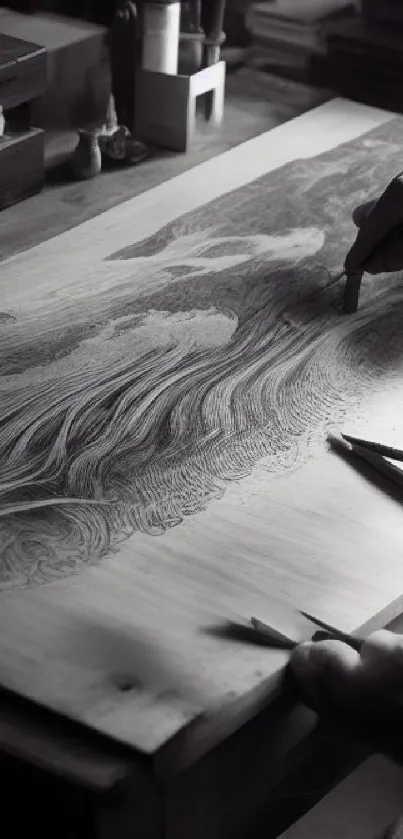 Hands creating a detailed monochrome drawing on a wooden table.