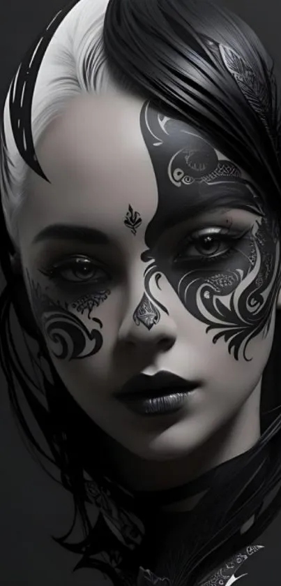 Intricate monochrome face design with artistic detail.
