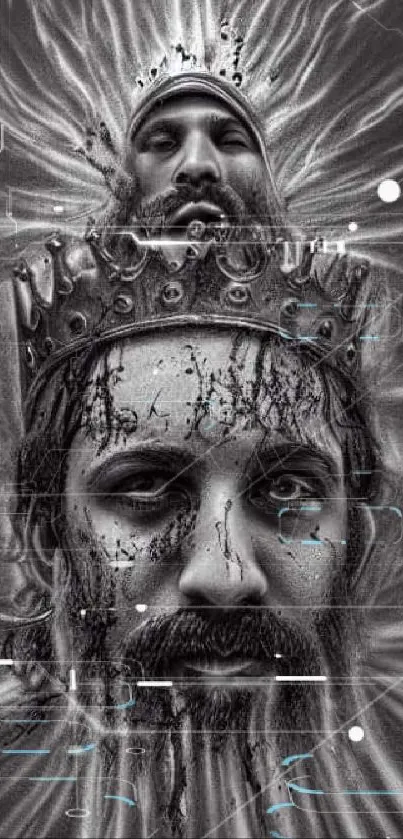 Intricate monochrome portrait of a crowned king with surreal elements.