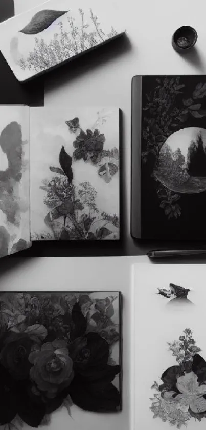 Monochrome phone wallpaper with artistic floral and nature notebook designs.