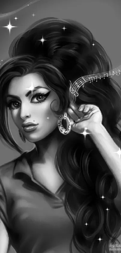 Monochrome artistic female portrait with musical accents.