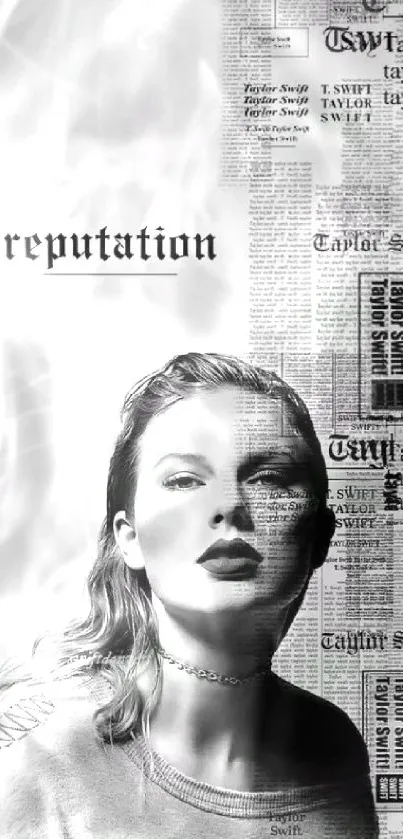 Monochrome wallpaper featuring reputation album art with a newspaper collage design.