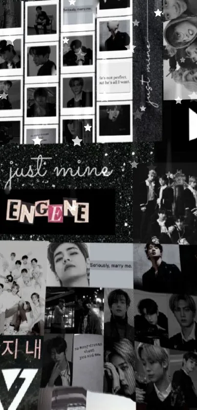 Black and white K-Pop collage wallpaper with artistic design.