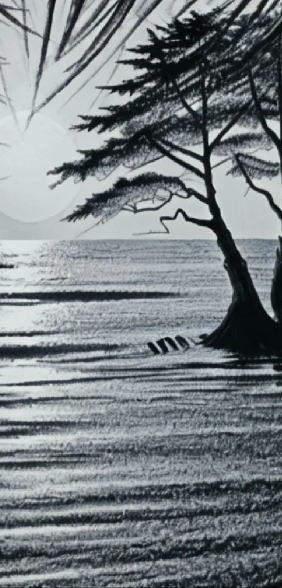 Monochrome beach with palm tree silhouette against a tranquil ocean backdrop.