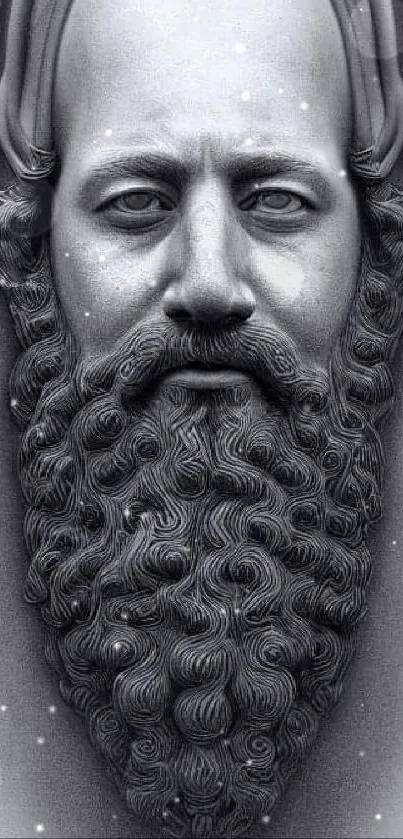 Intricate monochrome bearded portrait in grayscale art.