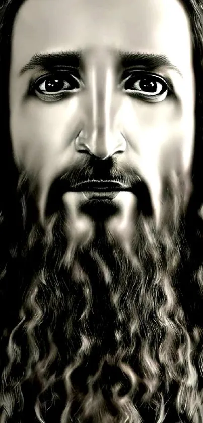 Monochrome bearded figure portrait, surreal and artistic mobile wallpaper.