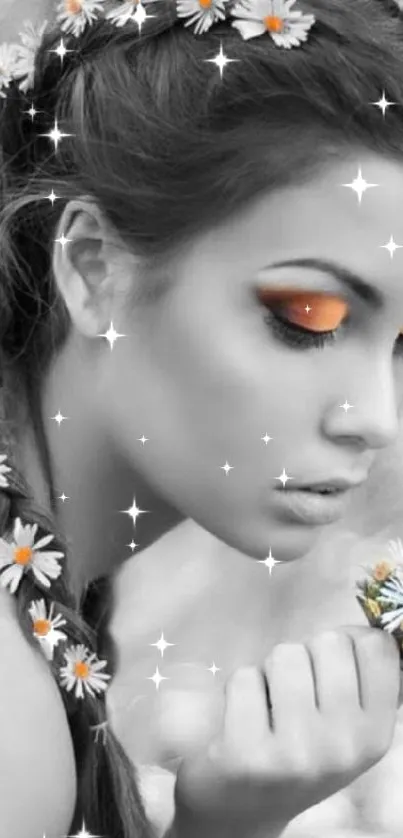 Monochrome wallpaper with orange accents on woman's eyes and daisy flowers.