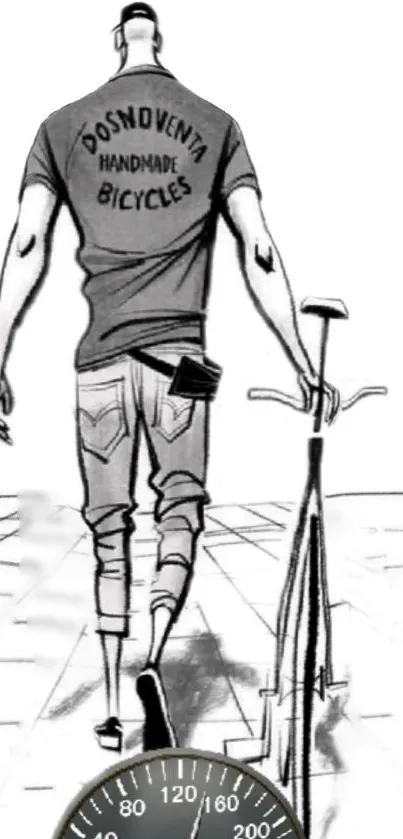 Monochrome illustration of a cyclist with a bicycle in hand.