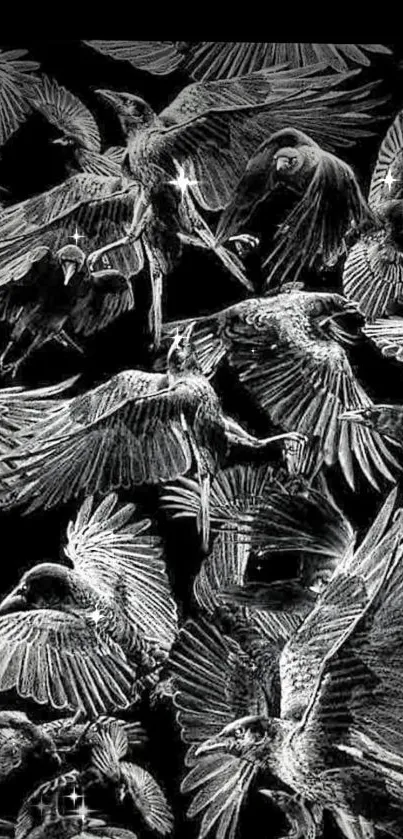 Monochrome sketch of birds in flight on black background.