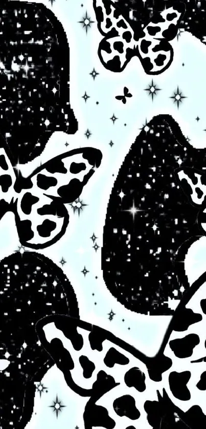 Monochrome butterfly and stars pattern mobile wallpaper.