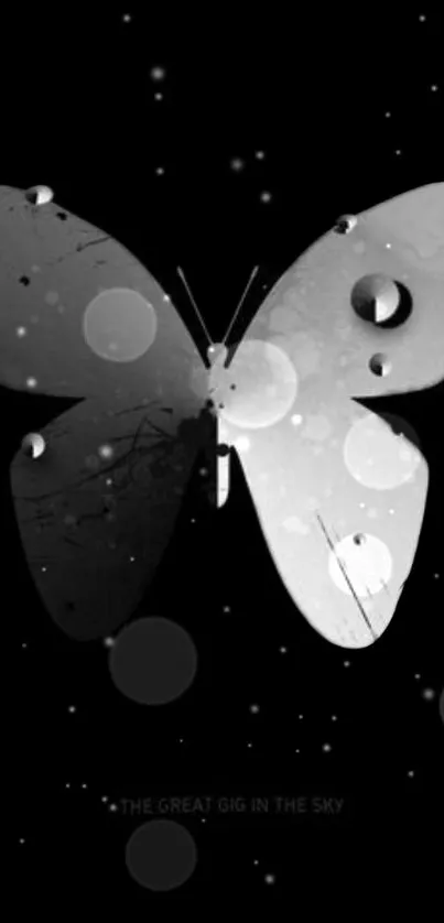 Abstract butterfly art with black and gray color scheme on a starry background.