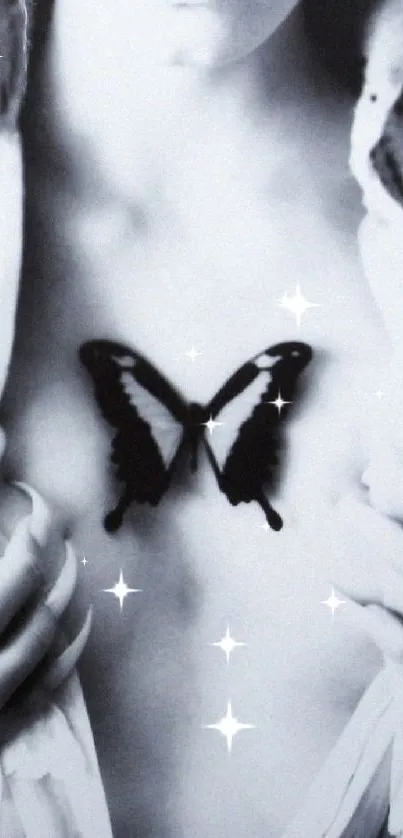 Monochrome butterfly on chest with artistic flair.