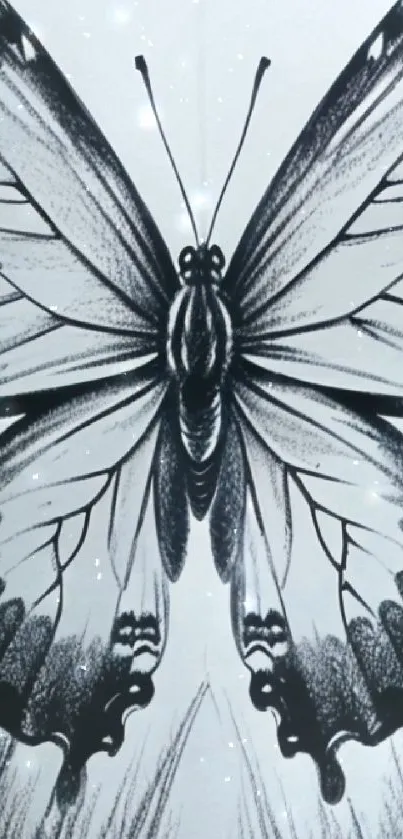 Monochrome butterfly illustration with detailed patterns on a mobile wallpaper.