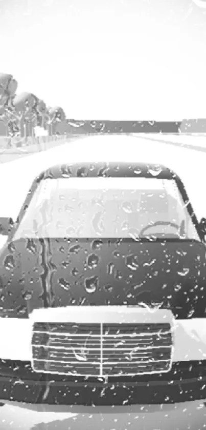 Monochrome car with raindrops on windshield, stylish mobile wallpaper.