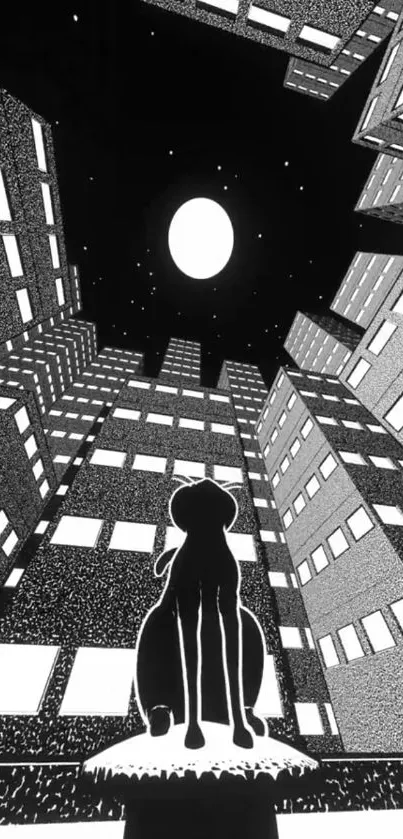 Monochrome wallpaper with a cat under a moonlit city night sky.