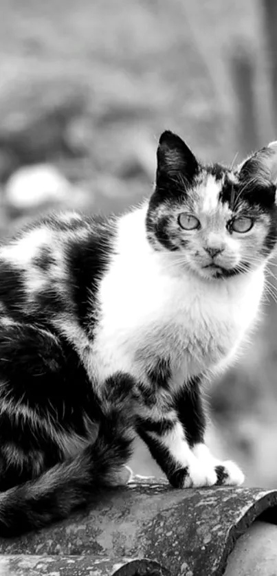 Black and white cat sitting on a rooftop.