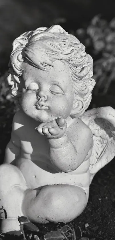 Monochrome cherub statue wallpaper with serene angelic theme.