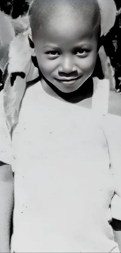 Monochrome portrait of a child with a serene expression and minimalist design.