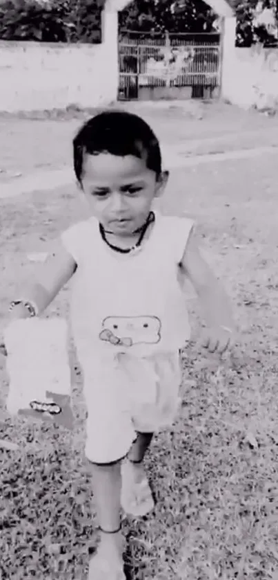 Monochrome image of child walking on grass