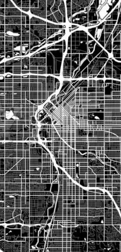 Monochrome map wallpaper of city streets in black and white.