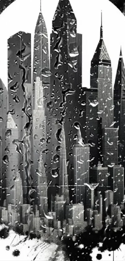 Monochrome city skyline with skyscrapers in artistic design.