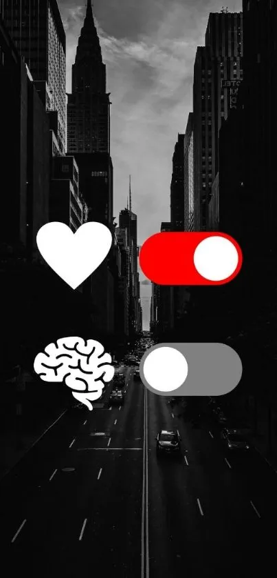 Monochrome city with heart and brain icons in contrast.