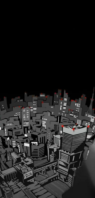 Monochrome cityscape with black sky and red accents.