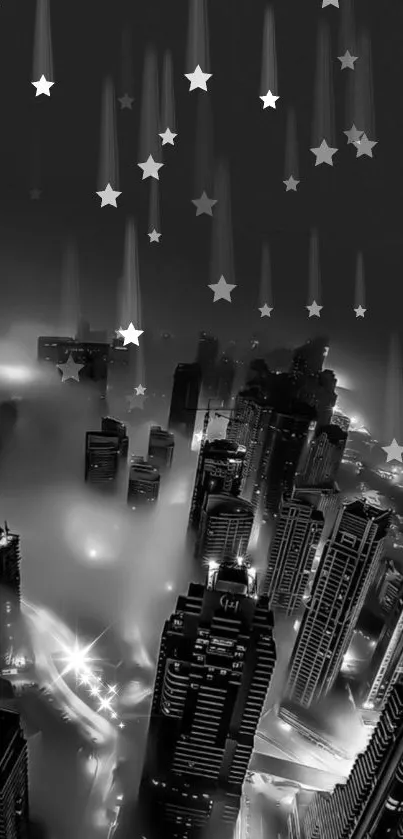 A monochrome view of skyscrapers shrouded in fog at night.