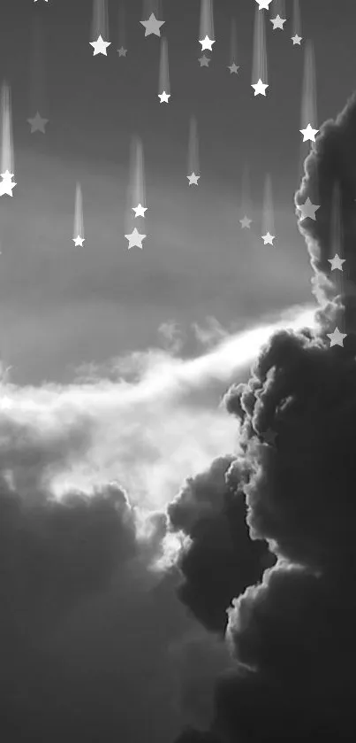 Monochrome cloudy night sky with stars in a mobile wallpaper.