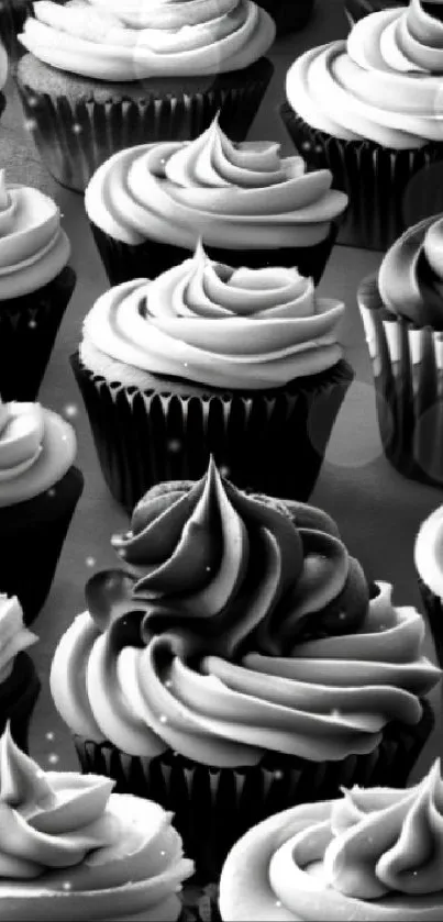 Stylish black and white cupcake pattern wallpaper for mobile.