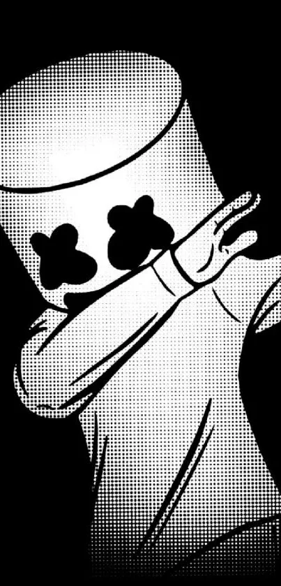 Monochrome DJ character dabbing in black and white illustration.