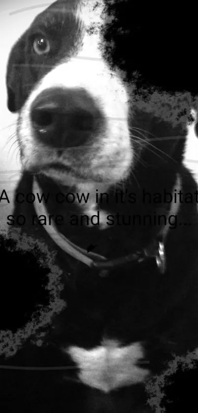 Black and white dog wallpaper with artistic text overlay for mobile.