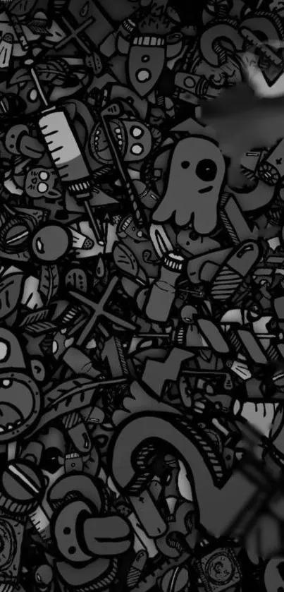 Black and white doodle art wallpaper with abstract characters.