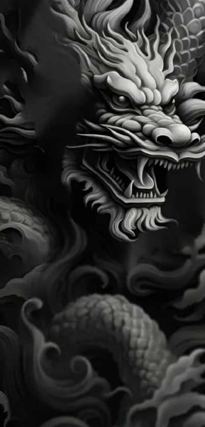 Monochrome dragon wallpaper with intricate design featuring mystical elements.